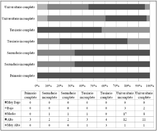 Distribución de voluntarios según nivel de engagement y nivel de instrucción/  formación