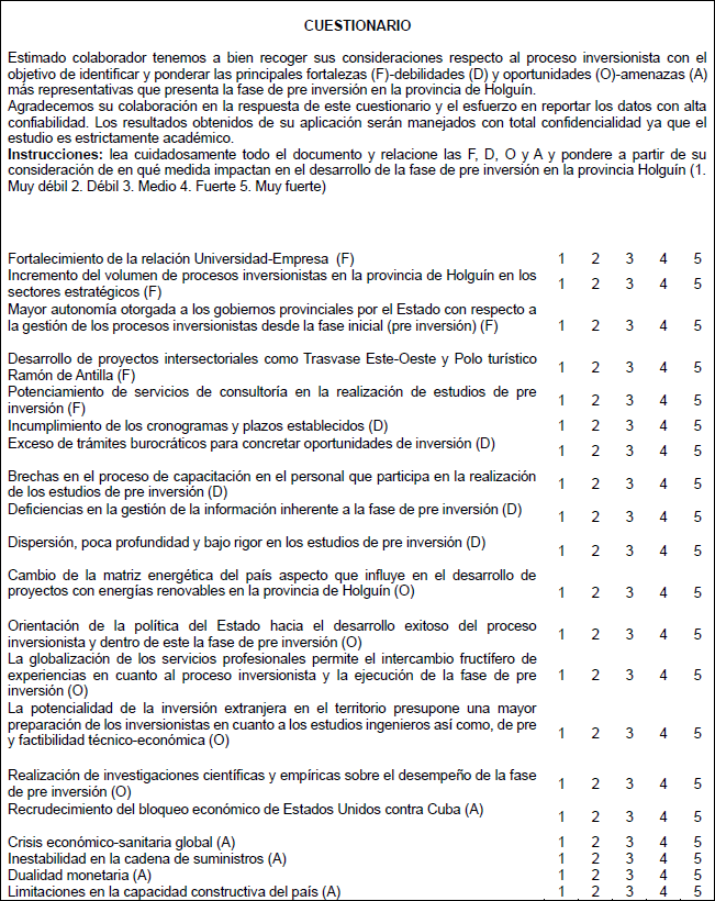 Encuesta para identificar los factores que afectan la ejecuci�n de la fase de  pre inversi�n en Holgu�n