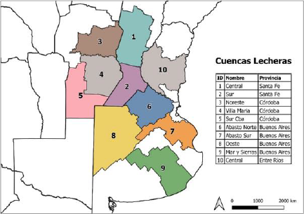 Main dairy basins of the Argentinean Pampas Region.