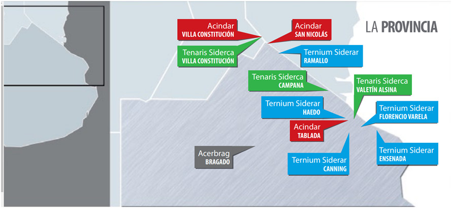 Esquema de localizaci�n de las principales empresas sider�rgicas.