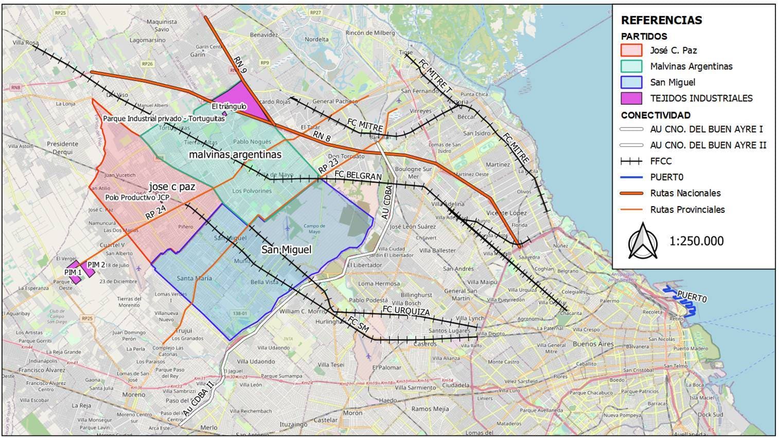 Conectividad de la zona de estudio. Partidos de Jos� C. Paz, San Miguel y Malvinas Argentinas. 2022
