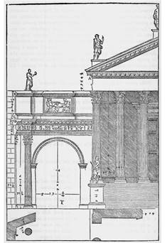 Andrea Palladio. Fachada frontal y planta del Tempio di Nerva Traiano y de la entrada del pórtico lateral del Foro di Nerva.