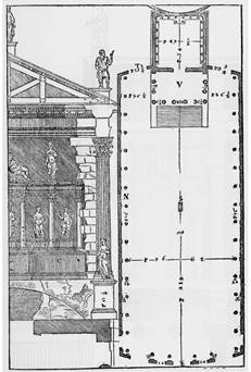 Andrea Palladio. Sección y planta del Tempio di Nerva Traiano y planta del Foro di Nerva.