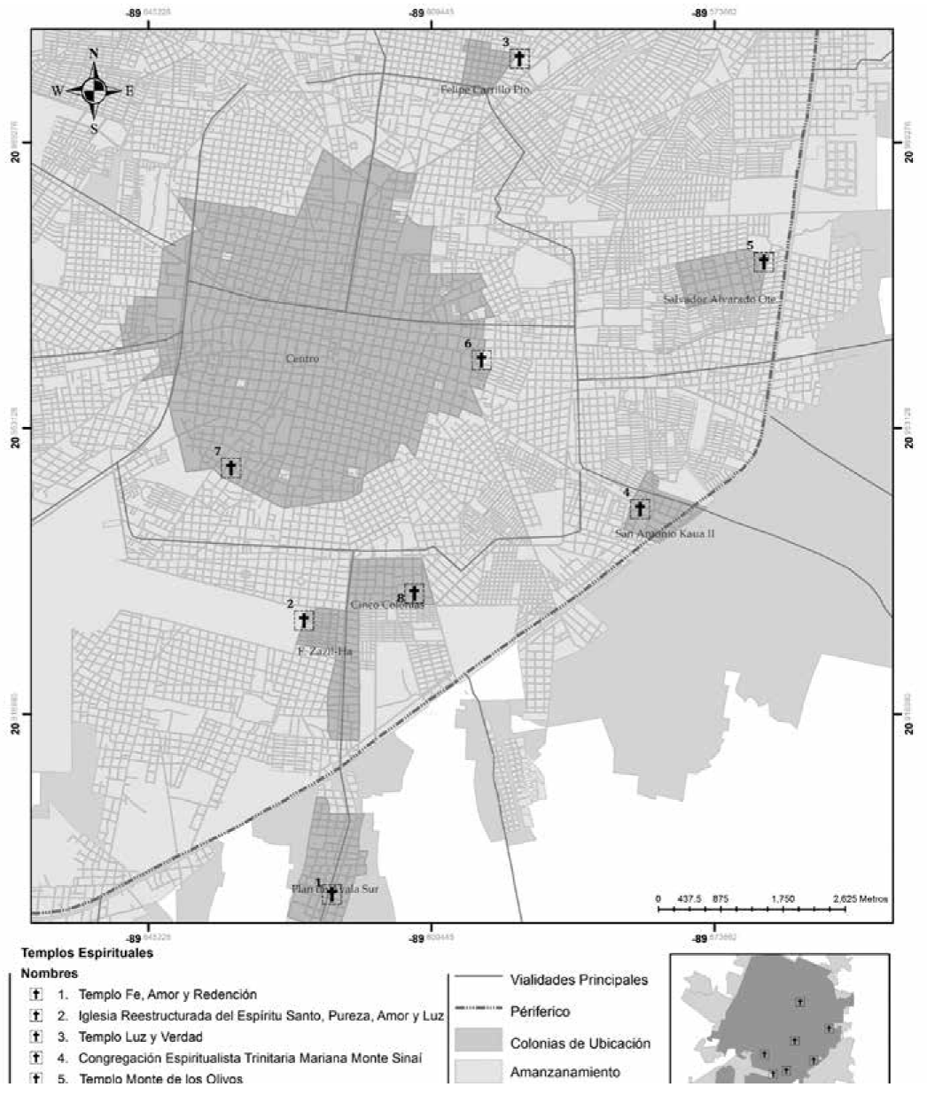 Ubicación de los templos espiritualistas trinitarios marianos en la ciudad de Mérida Yucatán (Gilberto González, 2014)