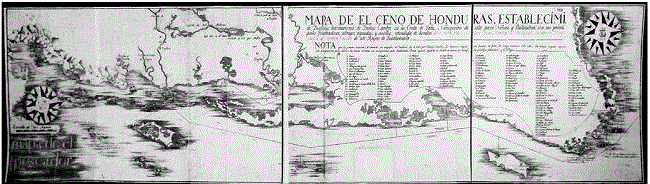“Mapa del Ceno [sic] de Honduras, Establecimientos de Ingleses, havitaciones de Indios Caribes en la Costa de Valis, navegacion de esta para Navios y Balandras con sus principales fondeaderos, abrigos, aguadas y escollos, estendida de orden de el Muy Ylustre Señor D. Martín de Mayorga, Presidente Gobernador y Capitan Gral. de este Reyno de Guatemala”
