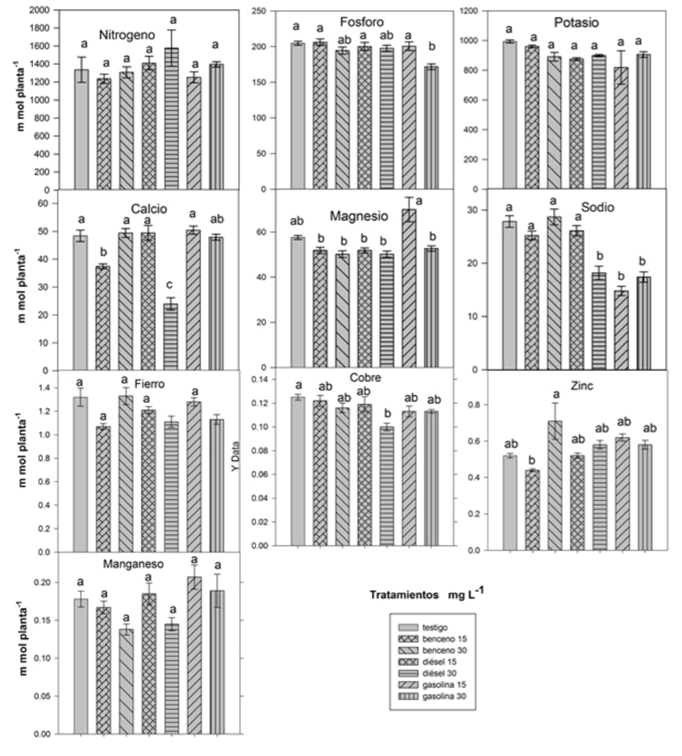Nutrientes acumulados en fruto de plantas de tomate tratadas con hidrocarburos. Letras diferentes en las columnas indican efectos significativos de acuerdo con de Fisher (α ≤ 0.05). Las barras representan el error estándar de la media.