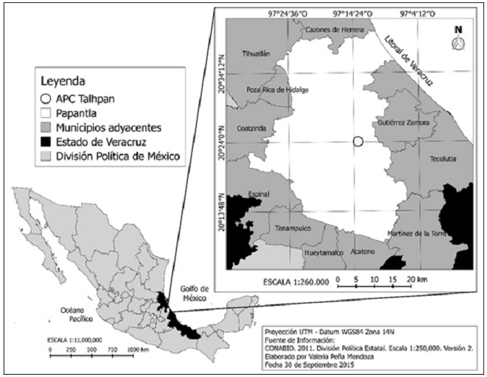 Ubicaci&oacute;n del &aacute;rea privada de conservaci&oacute;n Talhpan, Papantla, Veracruz, M&eacute;xico.