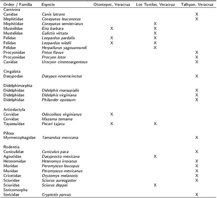 Listado taxon&oacute;mico de las especies registradas en el presente estudio y en otros estudios de Veracruz.
