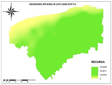Mapa de recarga futura en el escenario del Modelo Alemán (MPI-ESM-LR) horizonte lejano RCP 8.5.