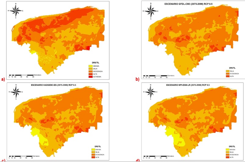 Escenarios de vulnerabilidad futura: a) mapa de condiciones actuales de vulnerabilidad, b) mapa de vulnerabilidad del modelo Americano (GFDL-CM3), c) mapa de vulnerabilidad del modelo Europeo (HADGEM2-ES) y d) mapa de vulnerabilidad según el modelo Alemán (MPI-ESM-LR).