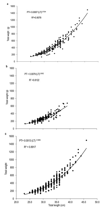 Length-weight relationship of A. grunniens from the Usumacinta River, Tabasco, Mexico, (a) Females, (b) Males, and (c) both sexes (N=593).