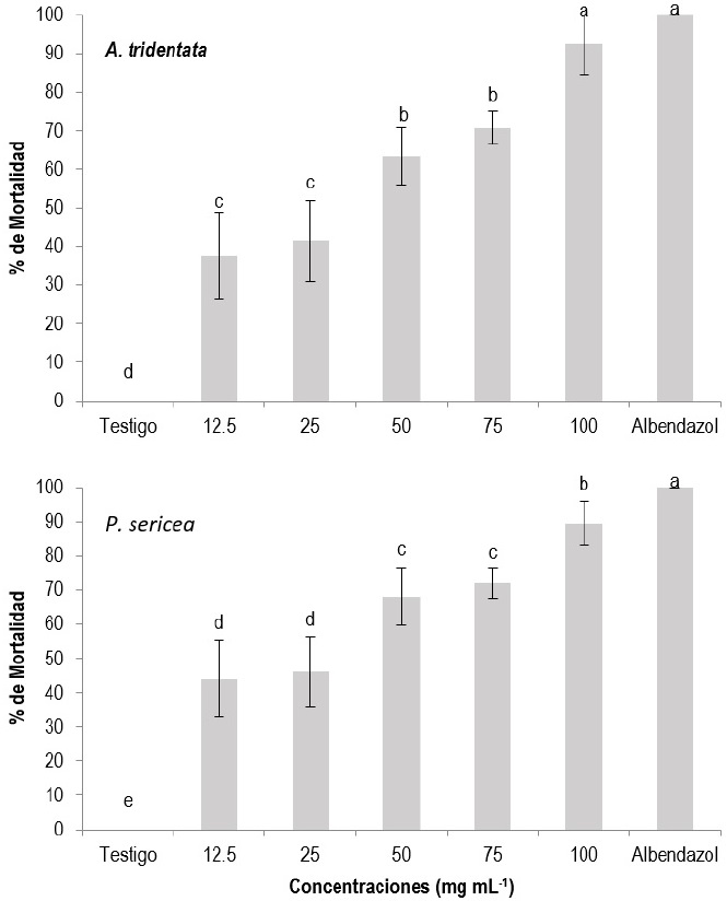 Porcentaje de mortalidad de larvas (L3) de H. contortus expuestas a cinco concentraciones de extractos acuosos de P. sericea y A. tridentata.