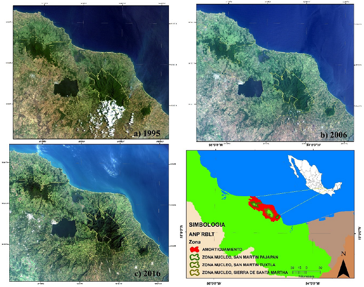 Imágenes LANDSAT TM / ETM de a) 1995, b) 2006 y c) 2016, usadas en el análisis de fragmentación del paisaje de la RBLT.