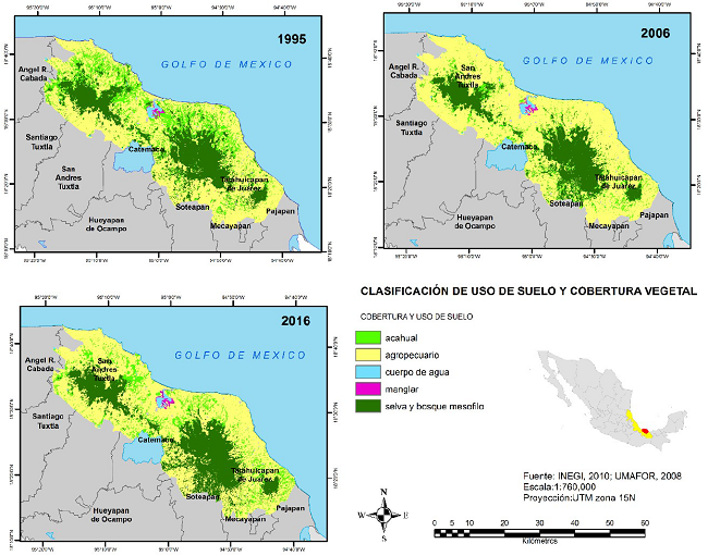 Clasificación de coberturas y usos de suelos de 1995, 2006 y 2016.