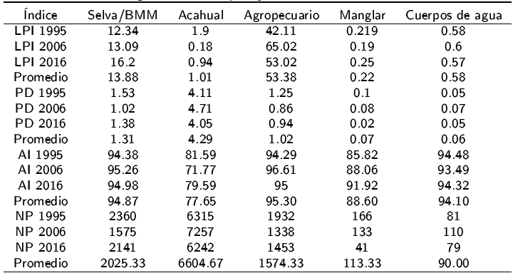 Índices de fragmentación del paisaje de la RBLT, Veracruz.