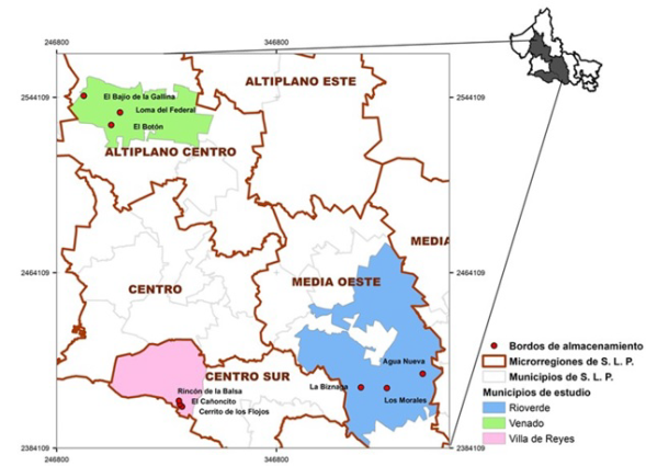 Ubicación de bordos de almacenamiento de estudio en tres microrregiones de San Luis Potosí