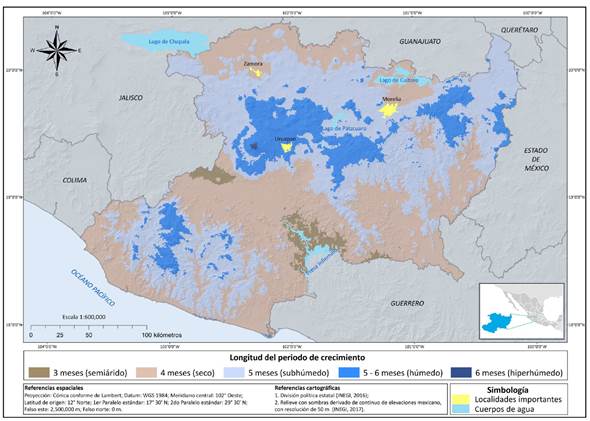 Mapa de la longitud del periodo de crecimiento (LPC) para el estado de Michoacán