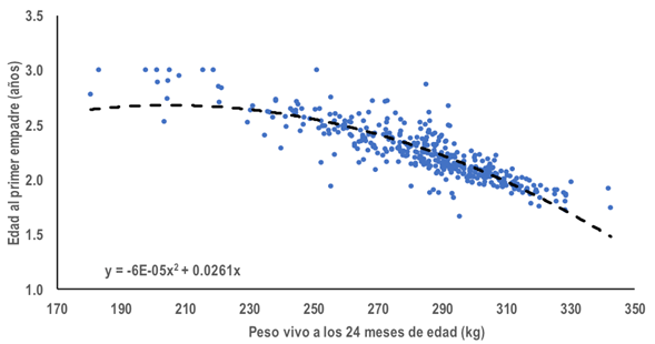 Relación de la edad al primer empadre y el peso vivo a los 24 meses de edad, producto del análisis de regresión lineal de orden cuadrático