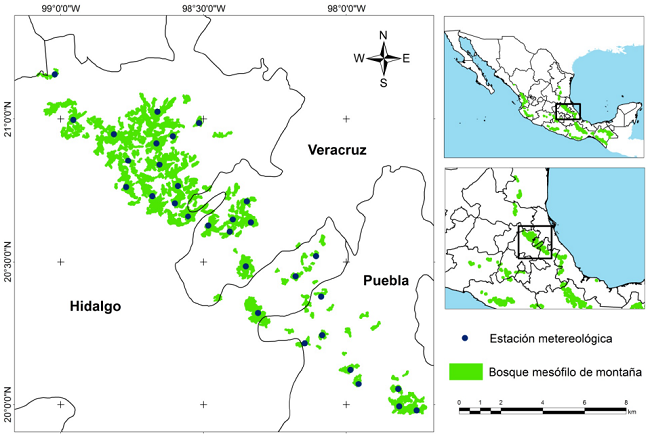 Área de estudio que muestra la distribución geográfica de las estaciones meteorológicas y la cobertura de bosque mesófilo de montaña en la Huasteca.
