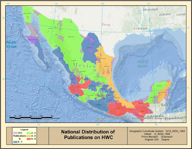 Number of studies related to HWC in M&eacute;xico in the states and natural protected areas; both federal (SEMARNAT-CONANP 2017) and state (CONABIO 2015).