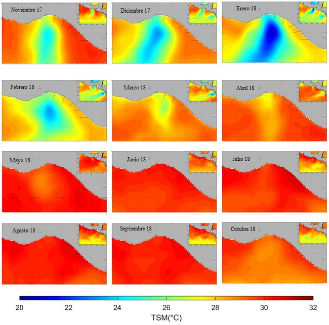 Temperatura superficial del mar (TSM) del Golfo de Tehuantepec en el periodo noviembre 2017 - octubre 2018.