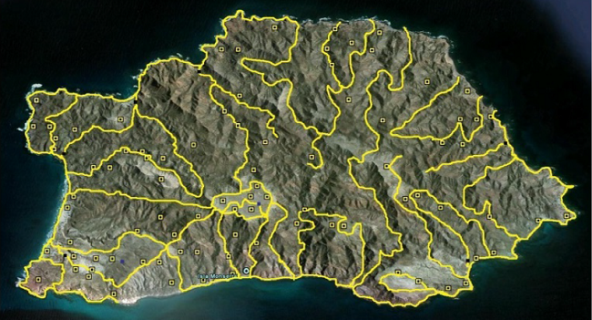 Map of the Monserrat Island with routes traced on the island (yellow lines), where the vegetation transects were established (squares); the quadrats indicate the places where climatic sensors were placed for recording of precipitation, temperature and humidity (HOBBO sensors).