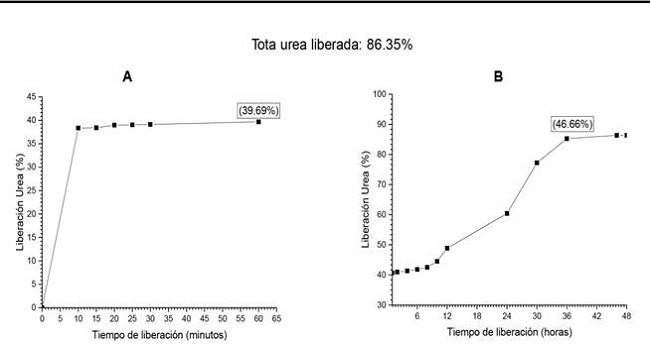 Cinética de liberación del SLIP en agua. A: Cinética de liberación en minutos y B: Cinética de liberación en horas