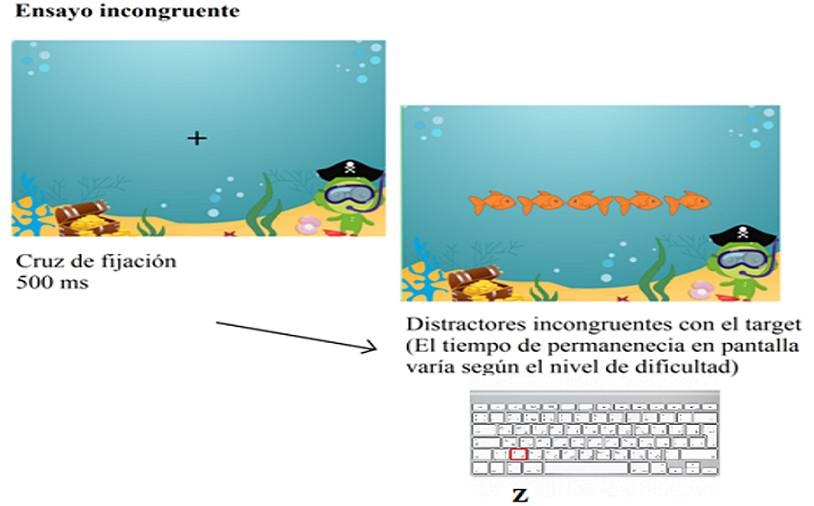 Estructura de un ensayo incongruente de la tarea de entrenamiento de inhibici&oacute;n perceptual. El ensayo comienza con un punto de fijaci&oacute;n (durante 500 ms), a continuaci&oacute;n, en esa misma ubicaci&oacute;n se visualiza una fila de est&iacute;mulos -peces. El participante debe responder en funci&oacute;n de la orientaci&oacute;n del pez central (presionando una tecla), intentando ignorar los est&iacute;mulos distractores. En este caso, deber&iacute;a presionar la tecla &ldquo;Z&rdquo; pues el target mira hacia el lateral izquierdo.