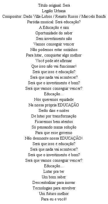 Paródia musical construída para a discussão sobre “Opções Educativas: O papel do político”, Maceió, Alagoas, 2016.