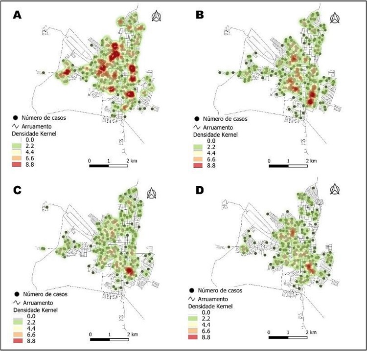 – Distribuição e densidade espacial dos locais de residência dos casos autóctones de câncer atendidos na instituição sul mineira, Brasil, segundo as localizações primárias de tumores mais registradas (1813 pontos/endereços urbanos), entre 2007 e 2017.