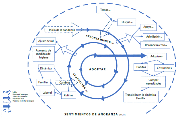 Proceso de transición de la familia ante la pandemia por COVID-19. Nota: (n...)= Número de veces que se repitieron los códigos iniciales durante las entrevistas.