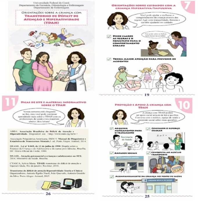 Capa e páginas da cartilha "Orientagóes sobre a crianza com transtorno de déficit de atengáo e hiperatividade (TDAH) ", Fortaleza, CE, Brasil, 2018