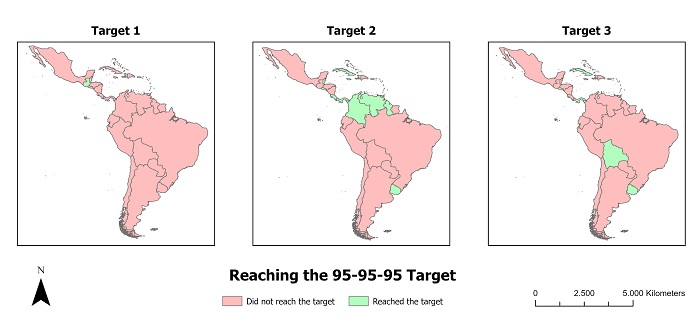 Spatial distribution of achievement of the 95-95-95 target among children and teenagers living with HIV/AIDS in Latin America and the Caribbean, between 2015 and 2022. Antofagasta, Chile, 2024