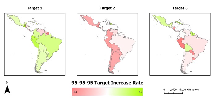 Spatial distribution of growth in the 95-95-95 target among children and teenagers living with HIV/AIDS in Latin America and the Caribbean, between 2015 and 2022. Antofagasta, Chile, 2024