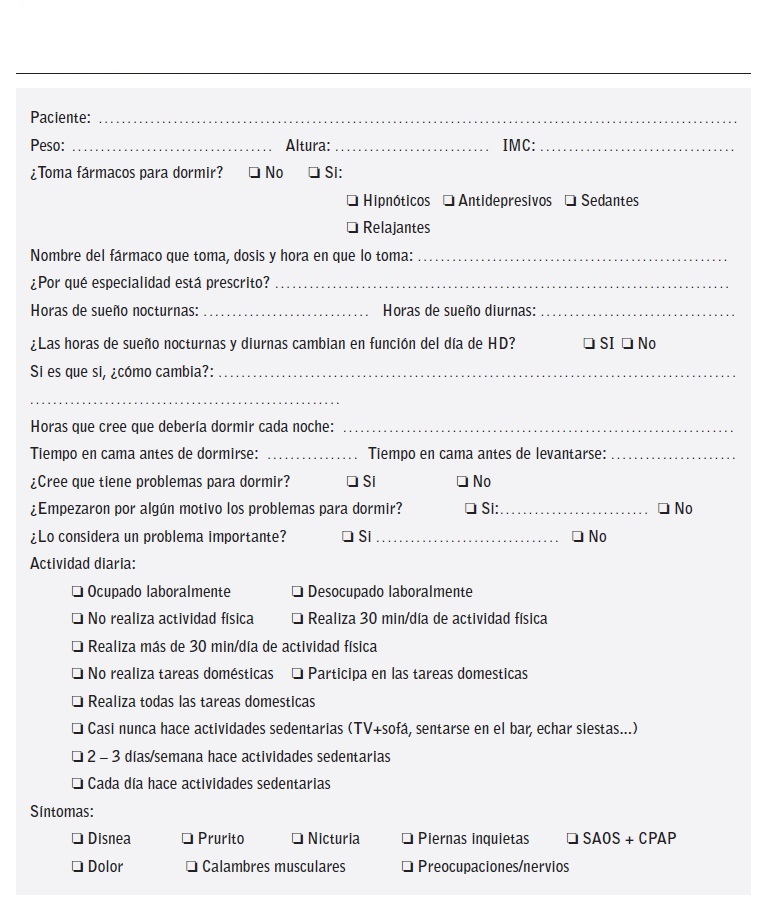 Cuestionario ad hoc de evaluaci&oacute;n del patr&oacute;n del sue&ntilde;o.