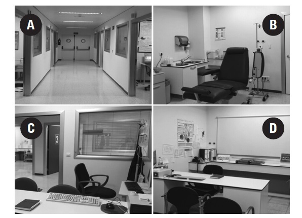 Dotación de la Unidad Nefrológica de Atención Continuada (UNAC). A.- Área de trabajo de la UNAC. B.- Sala de atención al paciente, realización de técnicas y entrenamientos. C y D.- Consulta de enfermería.