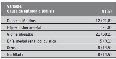 Estadísticos descriptivos (frecuencias y porcentajes) de la variable causa que provocó la entrada de los pacientes en tratamien to de diálisis.