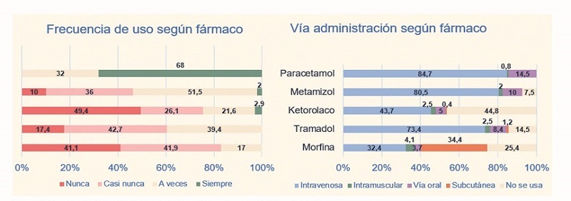 Frecuencia de uso y v&iacute;a de administraci&oacute;n seg&uacute;n el analg&eacute;sico utilizado.