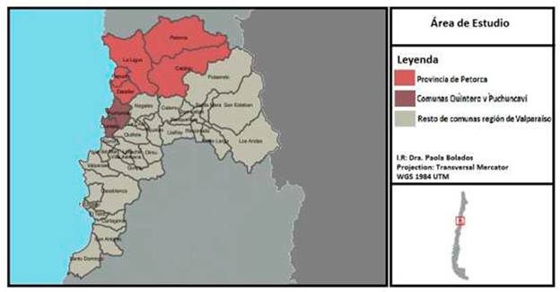 Mapa de Provincia de Petorca y Comunas de Puchuncav&iacute;-Quintero. Regi&oacute;n de Valpara&iacute;so-Chile. Elaboraci&oacute;n propia.