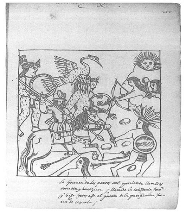La guerra de las partes del poniente llamadas Tonatin y Huetzian y llamada la California forma que hizo Cort&eacute;s [h]asta el puesto de la pacificaci&oacute;n, fueron los de T[l]axcala