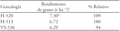 Rendimiento del híbrido H-520 de 1998 a 2012 en localidades del Trópico Húmedo de México, INIFAP.