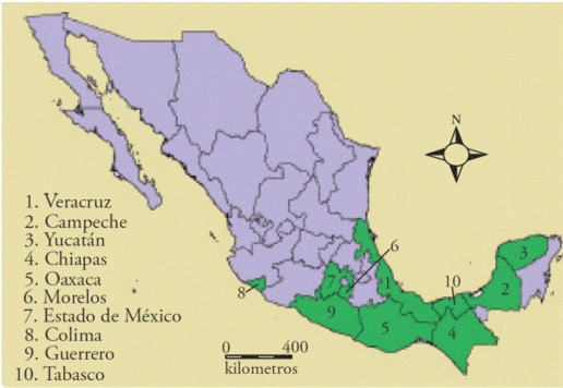 Estados donde se produce y distribuye semilla certificada del híbrido de maíz H-520.