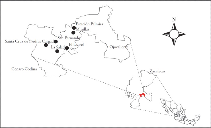 Localizaci&oacute;n del &aacute;rea de estudio de Sierra Fr&iacute;a, en municipios de Genaro Codina y Ojocaliente, Zacatecas, M&eacute;xico.