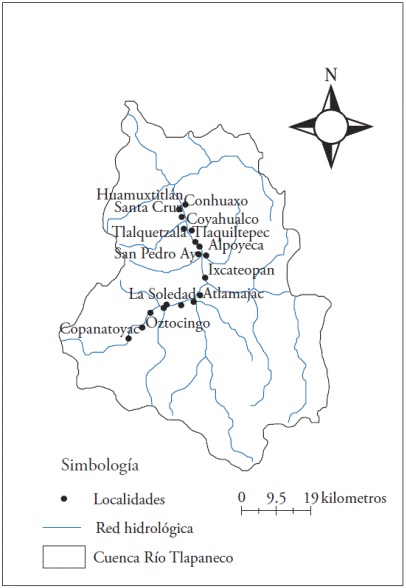 Cuenca del R&iacute;o Tlapaneco y localidades de estudio.