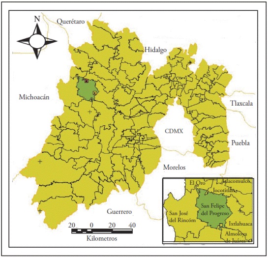 Localizaci&oacute;n del municipio de San Felipe del Progreso, Estado de M&eacute;xico.