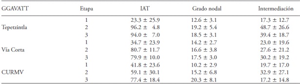 Evoluci&oacute;n de las medias de los IAT, grado nodal e intermediaci&oacute;n en las tres etapas de los GGAVATT estudiados.