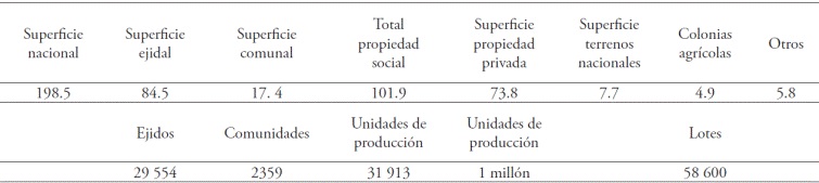 Estructura agraria nacional por tipo de tenencia (superficie en millones de hectáreas), 2007.