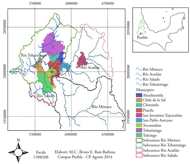 Localizaci&oacute;n de las subcuencas, principales r&iacute;os y municipios de la zona de estudio en la mixteca baja poblana.