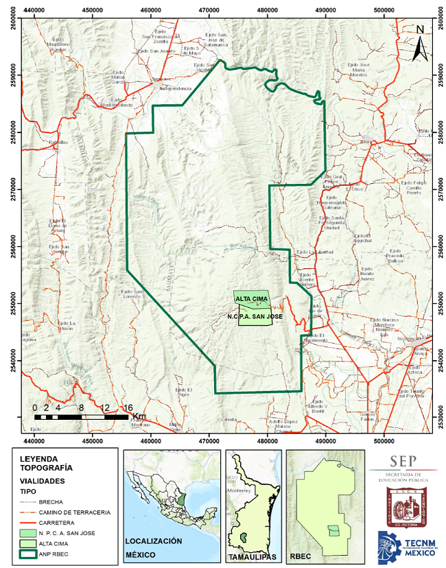 Localizaci&oacute;n de las comunidades de estudio y de la Reserva de la Biosfera El Cielo, Tamaulipas, M&eacute;xico.