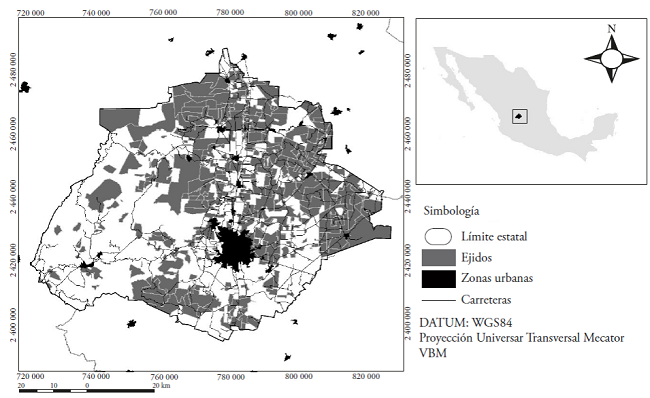 Ubicación geográfica del estado de Aguascalientes y los ejidos.